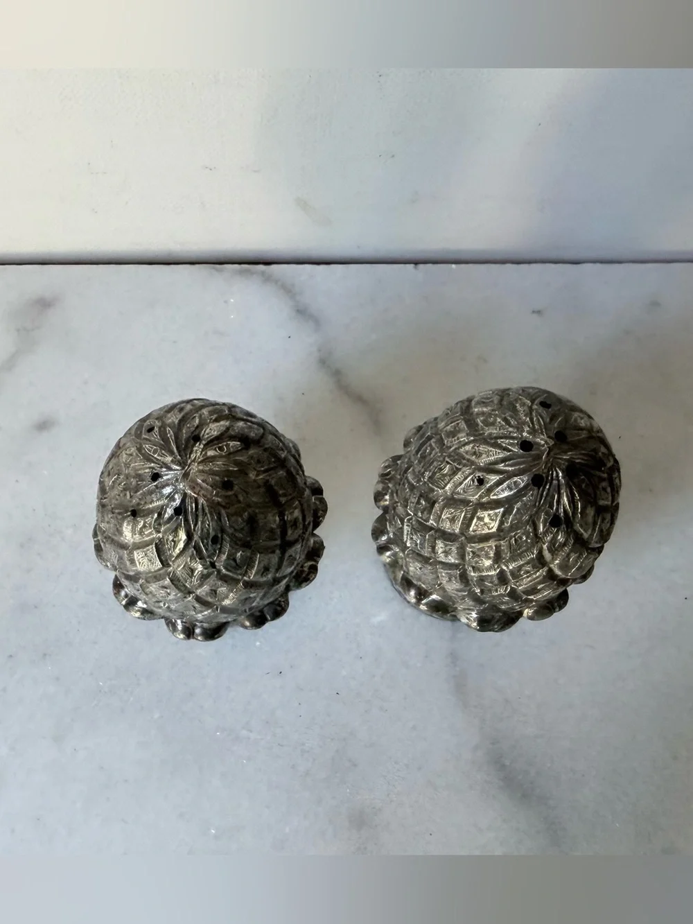 Decorative Pineapple Pewter Salt and Pepper Set vintage